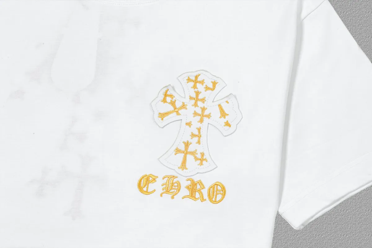 🅿️200 [CH Crow Heart] 2025FW short-sleeved T-shirt, patch embroidery, high-end 26s double yarn 300g fabric, heavy fabric, custom stretcher rib, same cylinder and dye, complete three standards, same style for men and women, color: black, white, size: S M L XL 2XL